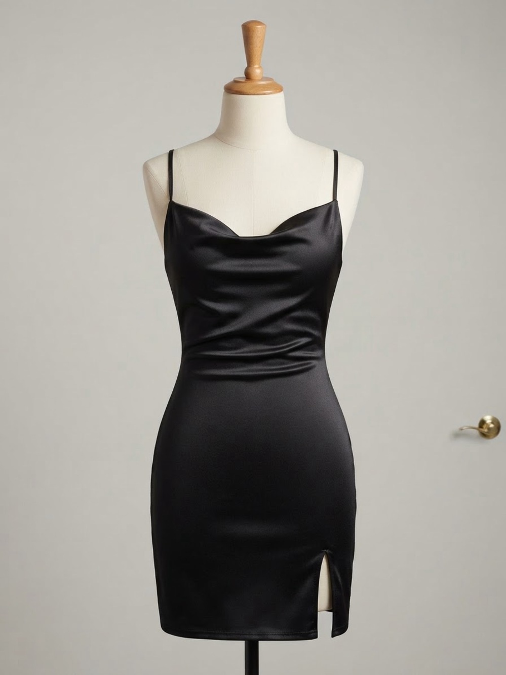 Black Satin Cowl Mini Dress with Side Slit